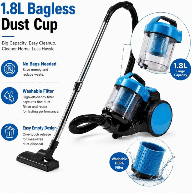 Alt view image 4 of 7 - Simple Deluxe Household Portable 16.4Ft Vacuum Cleaner, 16Kpa Bagless Canister Cleaner, Lightweight Powerful Vacuum for Carpets and Hard Floors, with Washable HEPA Filter, Blue