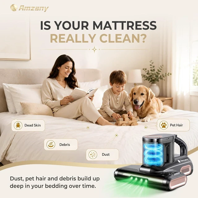Alt view image 2 of 7 - Amzany Cordless Mattress Vacuum Cleaner, 18Kpa Bed Vacuum with 253.7nm UV-C Light & Ultrasonic, 52800 BPM Tapping, 3-Stage HEPA, Green Light Dust Detection for Bed Sofa Couch Crib Pet Hair