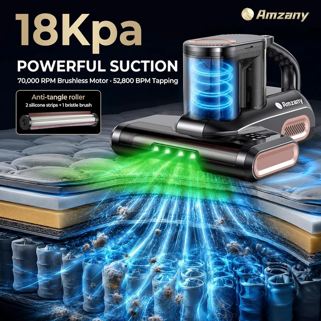 Alt view image 3 of 7 - Amzany Cordless Mattress Vacuum Cleaner, 18Kpa Bed Vacuum with 253.7nm UV-C Light & Ultrasonic, 52800 BPM Tapping, 3-Stage HEPA, Green Light Dust Detection for Bed Sofa Couch Crib Pet Hair