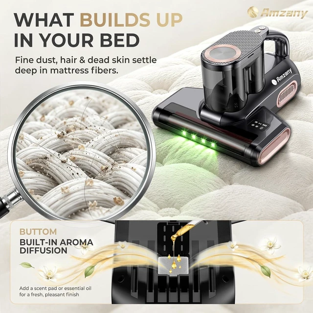 Alt view image 5 of 7 - Amzany Cordless Mattress Vacuum Cleaner, 18Kpa Bed Vacuum with 253.7nm UV-C Light & Ultrasonic, 52800 BPM Tapping, 3-Stage HEPA, Green Light Dust Detection for Bed Sofa Couch Crib Pet Hair