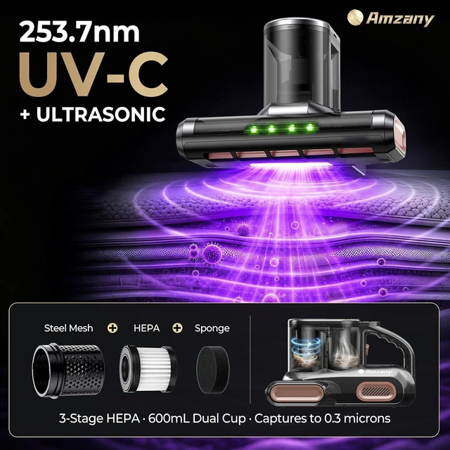 Alt view image 6 of 7 - Amzany Cordless Mattress Vacuum Cleaner, 18Kpa Bed Vacuum with 253.7nm UV-C Light & Ultrasonic, 52800 BPM Tapping, 3-Stage HEPA, Green Light Dust Detection for Bed Sofa Couch Crib Pet Hair