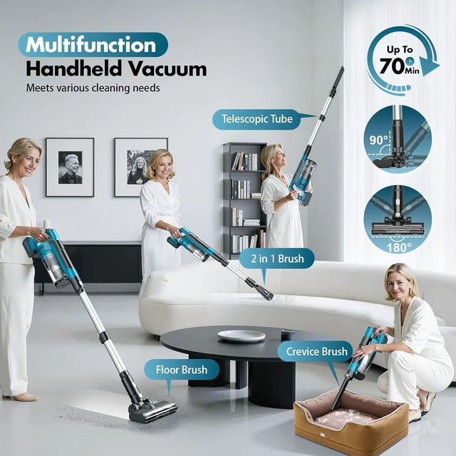 Alt view image 2 of 7 - 700W Cordless Vacuum Cleaners for Home with 2*Battery 8000mAh,Brushless Rechargeable Stick Vacuum with 3 Mode, 6 in 1 Portable Handheld Cordless Vacuum for Pet Hair/Hardwood Floor/Dorm