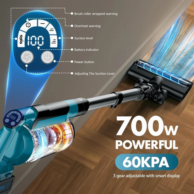 Alt view image 6 of 7 - 700W Cordless Vacuum Cleaners for Home with 2*Battery 8000mAh,Brushless Rechargeable Stick Vacuum with 3 Mode, 6 in 1 Portable Handheld Cordless Vacuum for Pet Hair/Hardwood Floor/Dorm