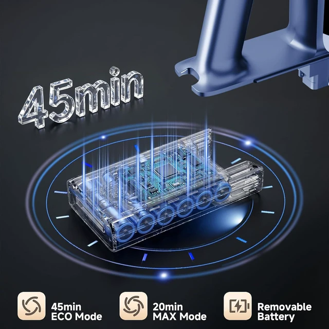 Alt view image 3 of 7 - Cordless Stick Vacuum Cleaner - 45KPA Powerful Suction Vacuum with 45 Min Runtime, Detachable Battery, Anti-Tangle & 1.5L Dust Cup, 8 in 1 Vacuum Cleaner for Pet Hair, Carpet, HardFloor, Blue