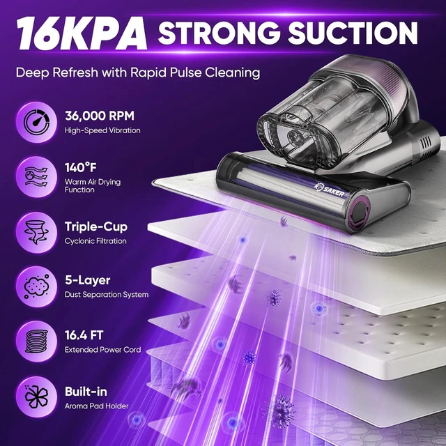 Alt view image 2 of 7 - Saker Mattress Vacuum Cleaner, Handheld Bed Vacuum Cleaner with 16KPa Suction UVC Light, 140°F Heated Air, HEPA Filter, Aroma Function, 16.4FT Cord for Cleaning Bed, Sofa, and Couch