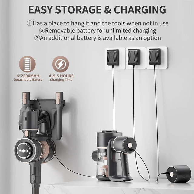 Alt view image 7 of 7 - Mojojo Cordless Stick Vacuum Cleaner, 23KPa Handheld Rechargeable Battery Lightweight Small Silver Gray Electirc Broom, 55Mins Runtime for Home Hard Floor Carpet Pet Hair Cleaning