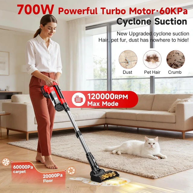 Alt view image 2 of 7 - 60kPa Cordless Vacuum Cleaner, 8000mAh Brushless Pet Vacuum, 6 in 1 Lightweight Stick Vacuum with 2L Dust Cup, 3 Suction Modes, 700W Portable Handheld Cordless Vacuum for Pet Hair/Hardwood Floor/Dorm