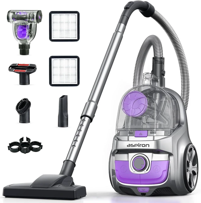 Main image of Aspiron 40Kpa Canister Vacuum Cleaner, 1600W Bagless Canister Vacuum Cleaner with 5 Tools, Auto Cord Rewind, H13 HEPA Filter, 4Qt Large Cup, for Hard Floors, Carpet, Pet, Upholstery, Tiles, Purple
