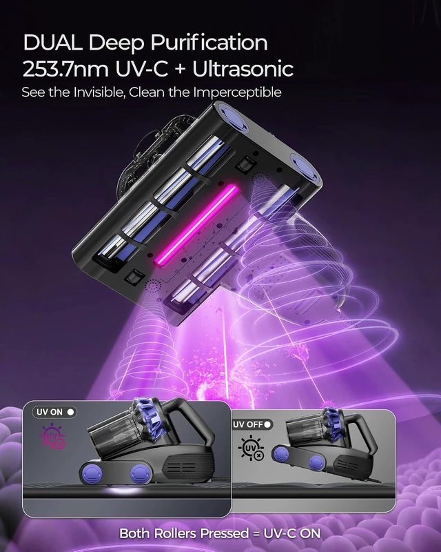Alt view image 4 of 7 - Mayking Mattress Vacuum Cleaner with 2 Rollers, AI Dust Detection, MV04