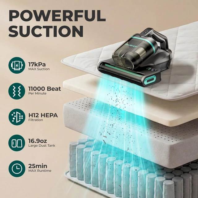 Alt view image 2 of 7 - HAUSHOF Cordless Mattress Vacuum Cleaner, 17kPa, 2 Suction Modes