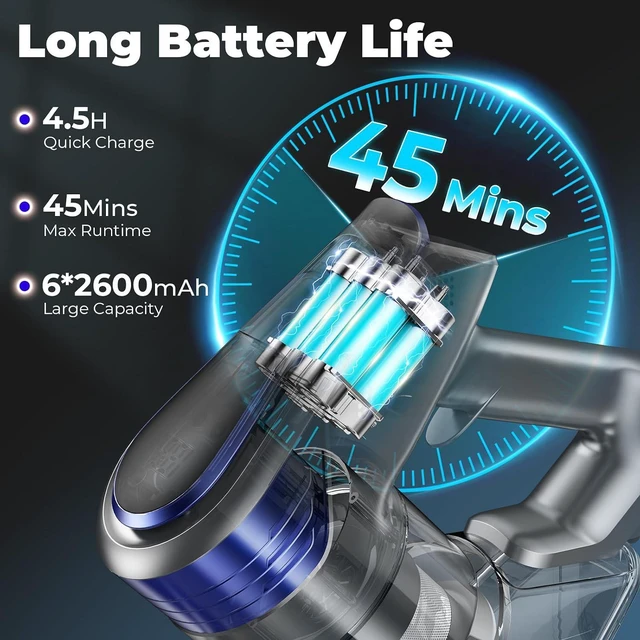 Alt view image 4 of 7 - N16 Cordless Vacuum Cleaner, Lightweight Vacuum Cleaners for Home with Powerful Suction, 2600mAh Battery with 45 Mins Runtime, Rechargeable Stick Vacuum Cordless for Hardwood Floor Carpet Pet Hair