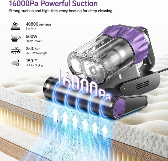 Alt view image 2 of 7 - Bed Mattress Vacuum Cleaner - 18 KPa Suction,150°F Heat,Aroma,253.7nm UV-C