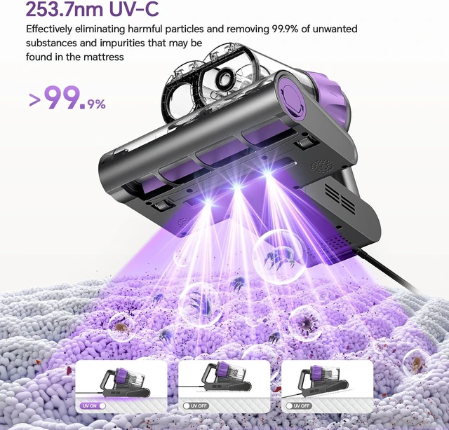 Alt view image 3 of 7 - Bed Mattress Vacuum Cleaner - 18 KPa Suction,150°F Heat,Aroma,253.7nm UV-C