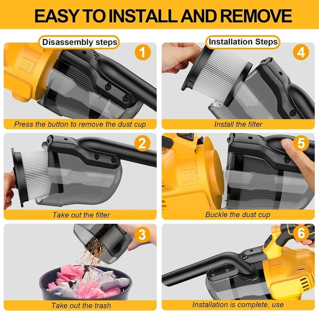 Alt view image 4 of 7 - Cordless Vacuum Cleaner for De-Walt 20V Battery,100 AW Handheld Vacuum Cleaner with Washable HEPA Filter,55CFM Portable Shop Vacuum for Car/Pet Hair/Carpets/Hard Floors(No Battery)