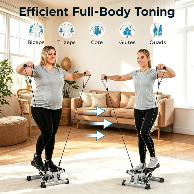 Alt view image 3 of 7 - Efitment Mini Stepper for Exercise at Home, Twist Stair Stepper with Resistance Bands, LCD Monitor, Compact Cardio Step Machine for Full Body Workout