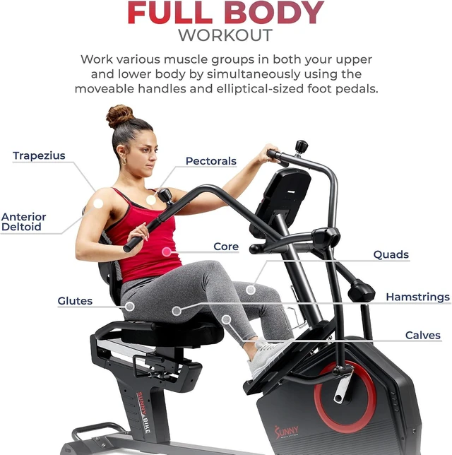 Alt view image 4 of 7 - Sunny Health & Fitness Elite Recumbent Cross Trainer & Elliptical Machine with Arm Exercisers for Home Arm/Leg Training, Easy Adjust Seat & Mesh Backrest, Free SunnyFit App Bluetooth Connectivity
