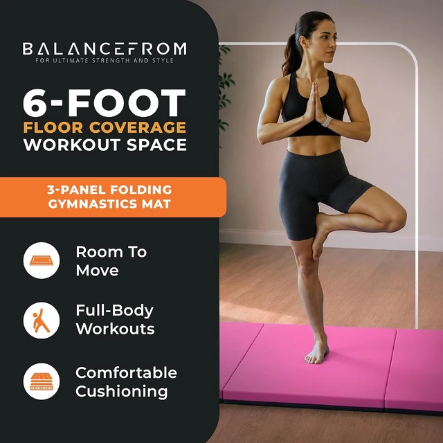 Alt view image 2 of 7 - BalanceFrom 6x2 Feet 3-Panel Folding Gymnastics Mat 2-Inch Thick Pad with Vinyl Surface and Carrying Handles for Tumbling, Yoga, Pilates, Home Workouts, and Martial Arts