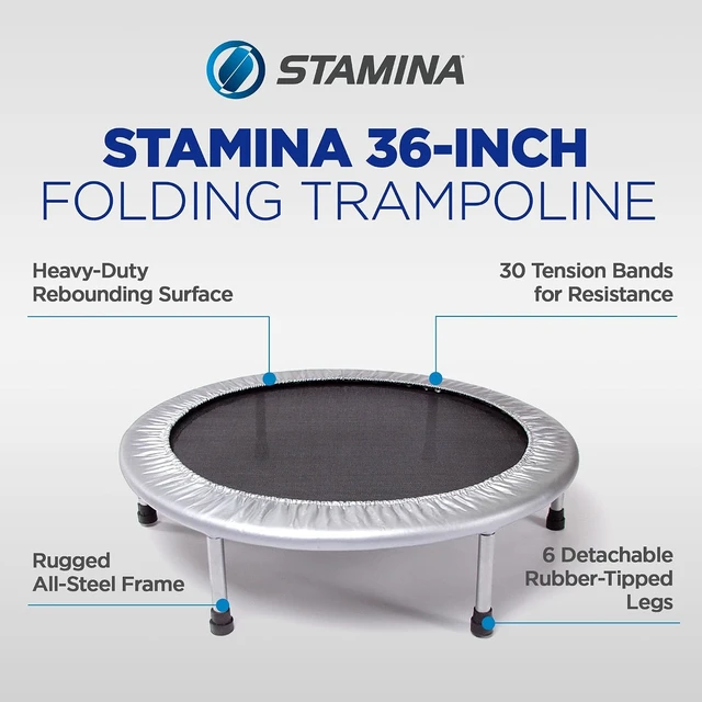 Alt view image 2 of 7 - Stamina 36" Foldable Mini Trampoline Rebounder for Adults with Smart Workout App, Black - Portable Fitness Equipment for Home Gym, Cardio and Jumping Training Exercise