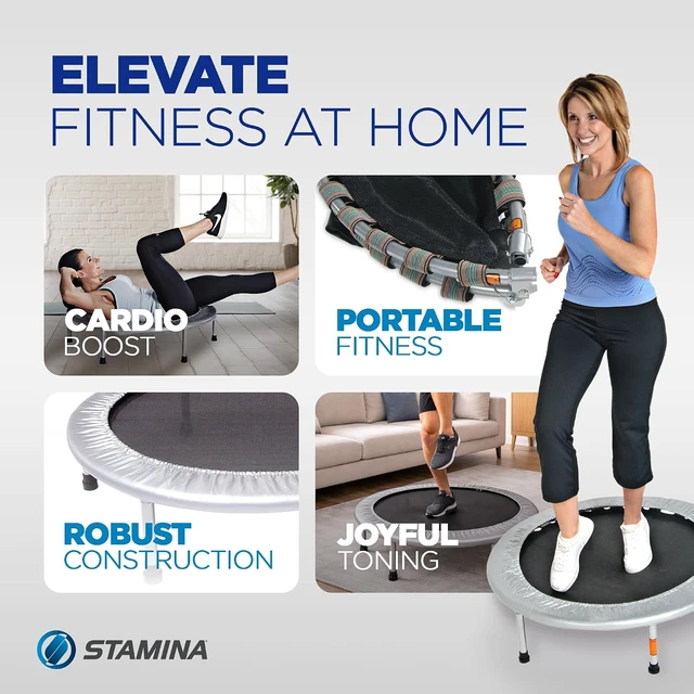 Alt view image 3 of 7 - Stamina 36" Foldable Mini Trampoline Rebounder for Adults with Smart Workout App, Black - Portable Fitness Equipment for Home Gym, Cardio and Jumping Training Exercise
