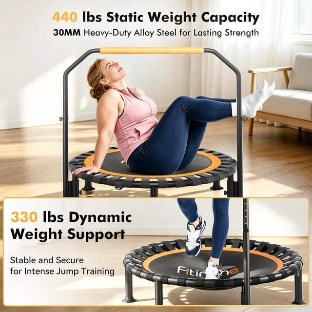 Alt view image 3 of 7 - FitinOne 40"/48" Foldable Mini Trampoline Load 330lbs, Portable Exercise Rebounder with Durable Bungee Band, Fitness Trampoline for Adults