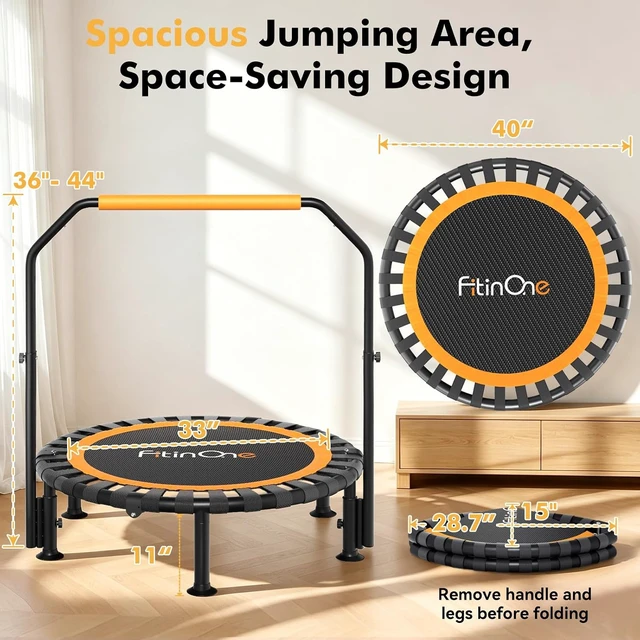 Alt view image 5 of 7 - FitinOne 40"/48" Foldable Mini Trampoline Load 330lbs, Portable Exercise Rebounder with Durable Bungee Band, Fitness Trampoline for Adults