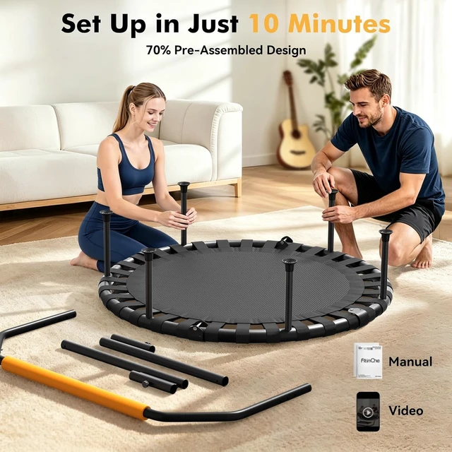 Alt view image 6 of 7 - FitinOne 40"/48" Foldable Mini Trampoline Load 330lbs, Portable Exercise Rebounder with Durable Bungee Band, Fitness Trampoline for Adults
