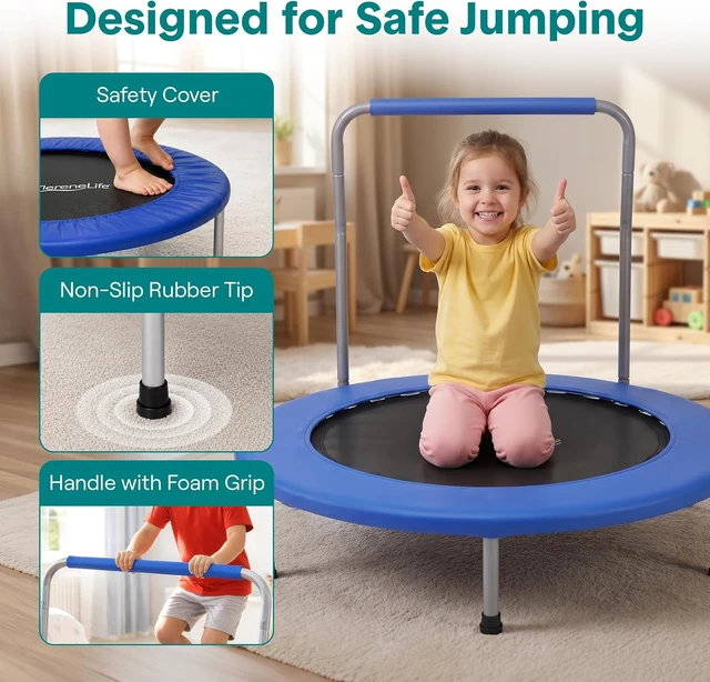 Alt view image 2 of 7 - SereneLife 36 Foldable Mini Trampoline for Kids - Compact Fitness Rebounder with Foam Handle - Safe, Stable Exercise Trampoline with 330lbs Max Load for Indoor/Outdoor Active Play & Exercise
