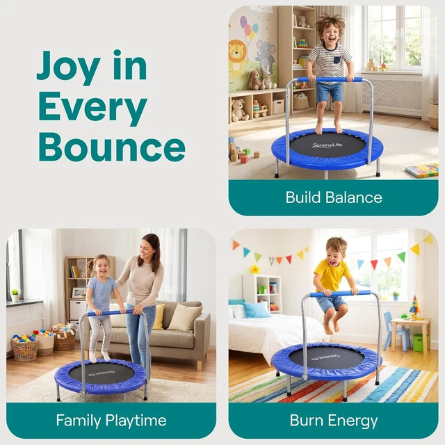 Alt view image 3 of 7 - SereneLife 36 Foldable Mini Trampoline for Kids - Compact Fitness Rebounder with Foam Handle - Safe, Stable Exercise Trampoline with 330lbs Max Load for Indoor/Outdoor Active Play & Exercise