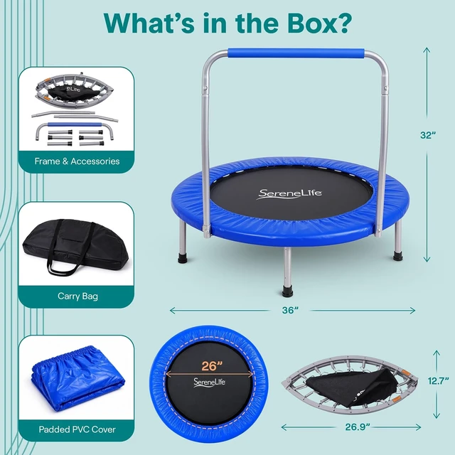 Alt view image 7 of 7 - SereneLife 36 Foldable Mini Trampoline for Kids - Compact Fitness Rebounder with Foam Handle - Safe, Stable Exercise Trampoline with 330lbs Max Load for Indoor/Outdoor Active Play & Exercise