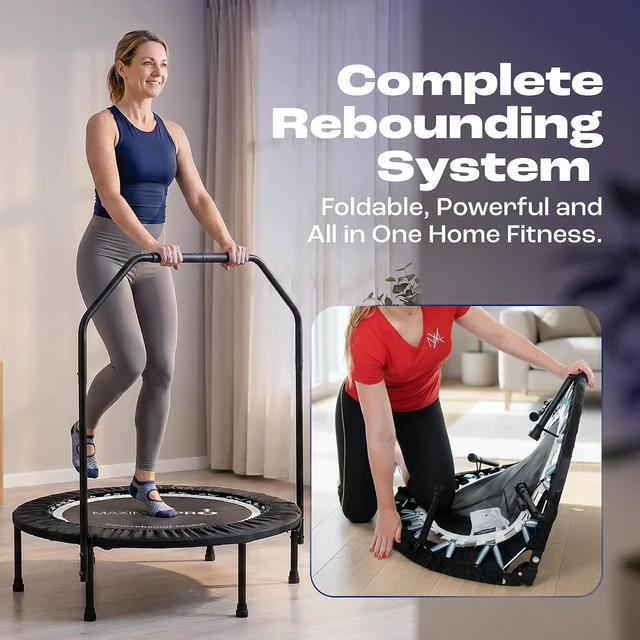 Alt view image 2 of 6 - Maximus PRO Folding Rebounder Fitness Trampoline | Voted #1 Indoor Mini Exercise Trampoline for Adults with Bar | Best Home Gym for Fitness & Lose Weight | Free Storage Bag, Resistance Bands, Awesome