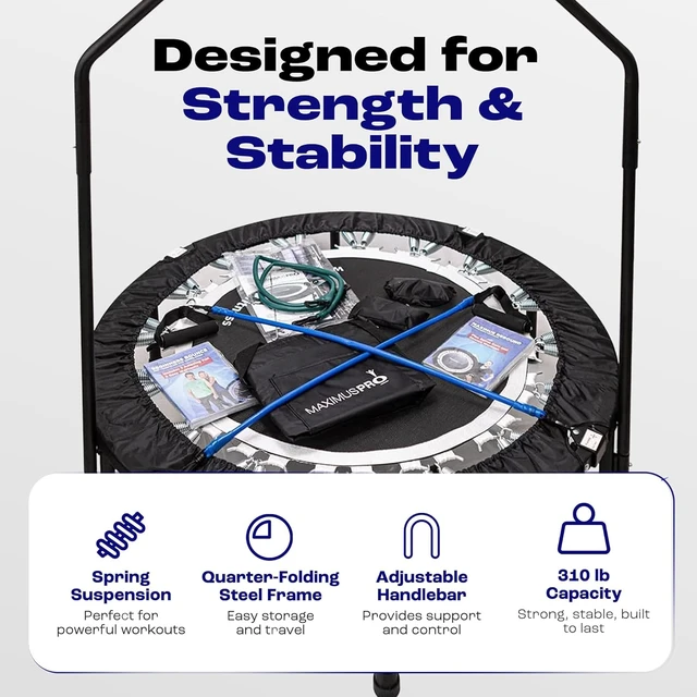 Alt view image 3 of 6 - Maximus PRO Folding Rebounder Fitness Trampoline | Voted #1 Indoor Mini Exercise Trampoline for Adults with Bar | Best Home Gym for Fitness & Lose Weight | Free Storage Bag, Resistance Bands, Awesome
