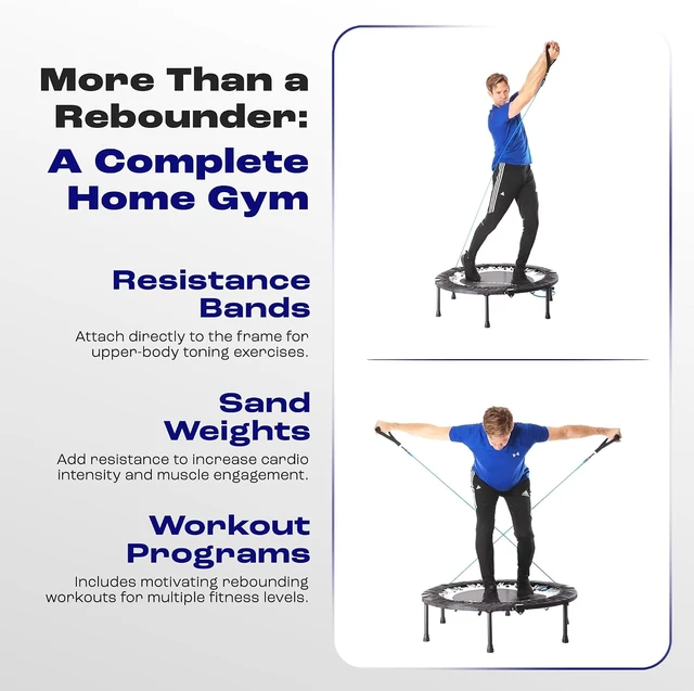 Alt view image 4 of 6 - Maximus PRO Folding Rebounder Fitness Trampoline | Voted #1 Indoor Mini Exercise Trampoline for Adults with Bar | Best Home Gym for Fitness & Lose Weight | Free Storage Bag, Resistance Bands, Awesome