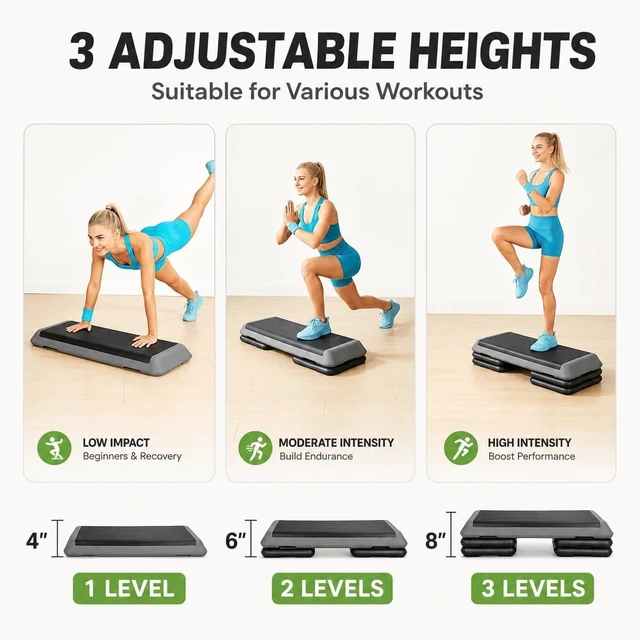 Alt view image 3 of 7 - JupiterForce 43" Workout Aerobic Exercise Step Platform, Adjustable Aerobic Steppers for Exercise with 4 Removable Risers for Home Gym Strength Training