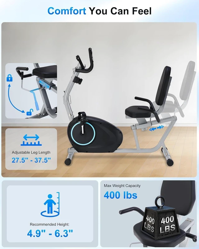 Alt view image 4 of 7 - Recumbent Exercise Bike for Seniors - 400LB Weight Capacity Recumbent Bikes with Comfortable Seat, Pulse Sensor, 16-level Resistance, LCD Monitor