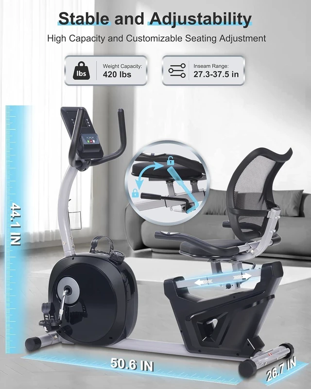 Alt view image 4 of 7 - Recumbent Exercise Bike for Seniors - 400LB Weight Capacity Recumbent Bikes with Comfortable Seat, Pulse Sensor, 16-level Resistance, LCD Monitor