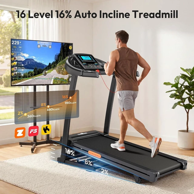 Alt view image 2 of 7 - THERUN Incline Treadmill, Treadmills for Running and Walking, 400 lbs Weight Capacity Folding Treadmill with 0-16% Auto Incline, Wide Belt, 4.0 HP, App, Heart Rate