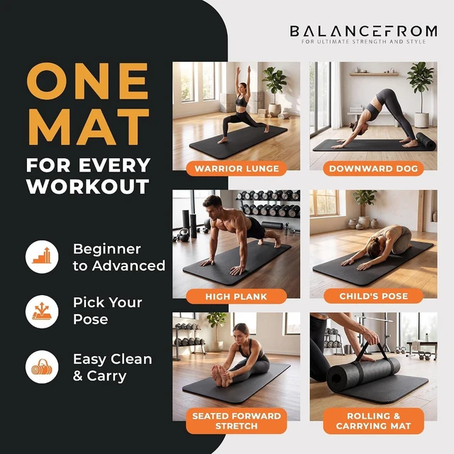 Alt view image 5 of 7 - BalanceFrom All Purpose 1-Inch Extra Thick High Density Anti-Tear Exercise Yoga Mat with Carrying Strap, Multiple Colors