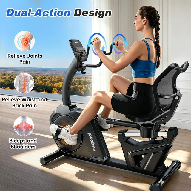 Alt view image 3 of 7 - pooboo Recumbent Exercise Bike, Stationary Bikes for Home with Arm Exerciser, Magnetic Recumbent Bike with Ergonomic Backrest & Comfortable Seat, Smart APP, Pulse Sensor, 400LBS Weight Capacity