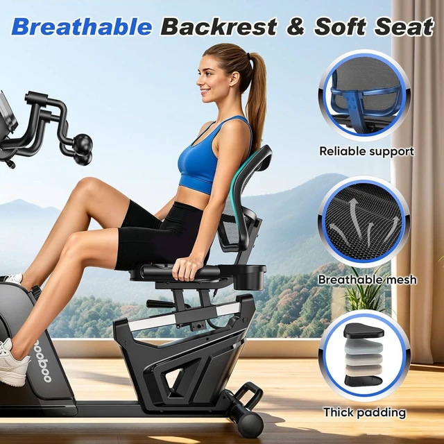 Alt view image 6 of 7 - pooboo Recumbent Exercise Bike, Stationary Bikes for Home with Arm Exerciser, Magnetic Recumbent Bike with Ergonomic Backrest & Comfortable Seat, Smart APP, Pulse Sensor, 400LBS Weight Capacity