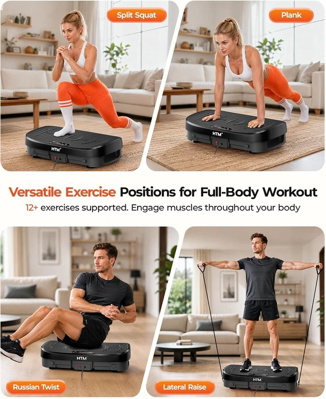 Alt view image 4 of 7 - HTM Vibration Plate Exercise Machine, 9 Modes & 120 Speeds, Body Shake Plate with Resistance Bands Slot & Remote Control, Shake Board for Weight Loss Fat Burner Home Fitness Workout
