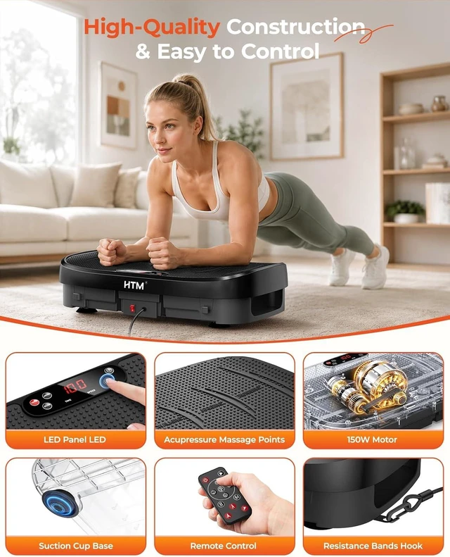 Alt view image 6 of 7 - HTM Vibration Plate Exercise Machine, 9 Modes & 120 Speeds, Body Shake Plate with Resistance Bands Slot & Remote Control, Shake Board for Weight Loss Fat Burner Home Fitness Workout