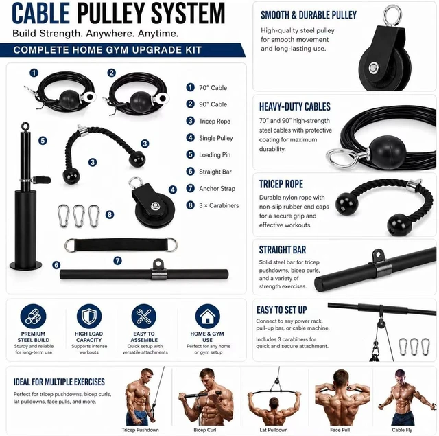 Alt view image 2 of 7 - Lat Pull Down and Lift Weight Pulley System,Cable Pulley System Gym,Dual Cable Machine Attachments with Upgraded Loading Pin for Biceps Curl, Tricep, Arm Workouts Home Gym Pulley System