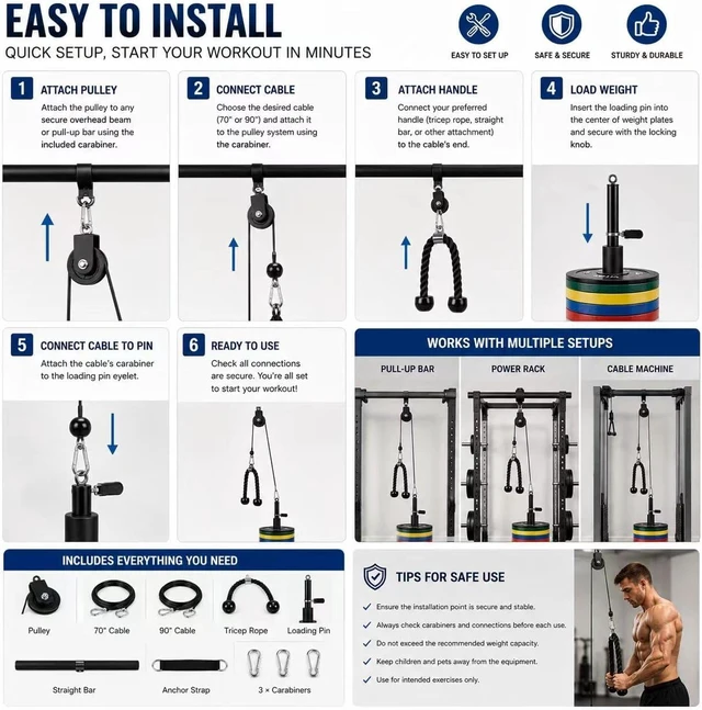 Alt view image 4 of 7 - Lat Pull Down and Lift Weight Pulley System,Cable Pulley System Gym,Dual Cable Machine Attachments with Upgraded Loading Pin for Biceps Curl, Tricep, Arm Workouts Home Gym Pulley System