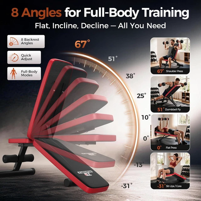 Alt view image 3 of 7 - NICEPEOPLE Adjustable Weight Bench for Home Gym, 660LBS Capacity Workout Bench with 8 Backrests for Chest Shoulders Arms, Compact and Foldable Strength Bench for Small Space Apartment Room