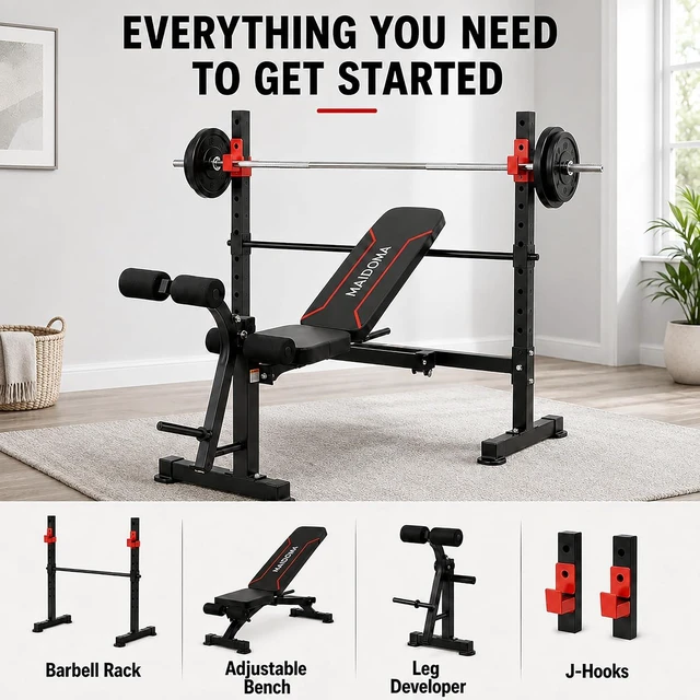 Alt view image 2 of 7 - MAIDOMA Foldable 1500LBS Capacity 8 IN 1 Weight Bench Set with Leg Extension/Squat Rack/Preacher Curl, Adjustable Bench Press for Home Gym Full Body Workout (US Stock)