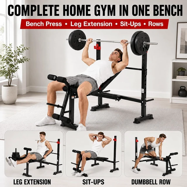Alt view image 5 of 7 - MAIDOMA Foldable 1500LBS Capacity 8 IN 1 Weight Bench Set with Leg Extension/Squat Rack/Preacher Curl, Adjustable Bench Press for Home Gym Full Body Workout (US Stock)