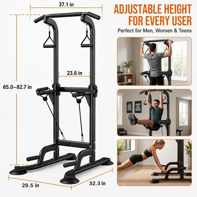 Alt view image 2 of 6 - Power Tower Pull Up & Dip Station Multi-Function Home Strength Training Fitness Workout Station Height Adjustable