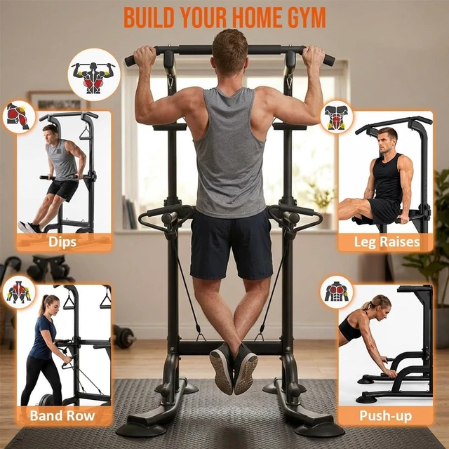 Alt view image 4 of 6 - Power Tower Pull Up & Dip Station Multi-Function Home Strength Training Fitness Workout Station Height Adjustable