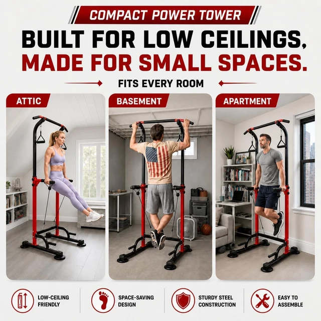 Alt view image 3 of 7 - Power Tower Pull Up Dip Station Adjustable Height 330lbs Home