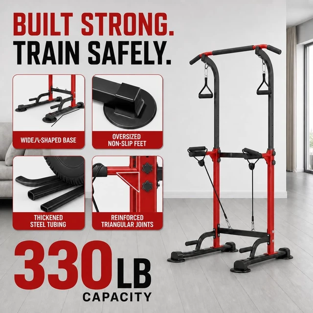 Alt view image 4 of 7 - Power Tower Pull Up Dip Station Adjustable Height 330lbs Home